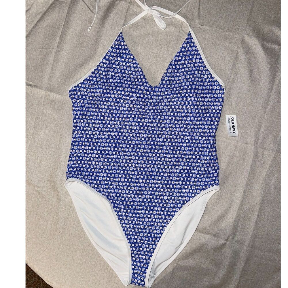 NWT Old Navy Pique V-Neck Halter One-Piece Swimsuit Blue Floral Starburst XL